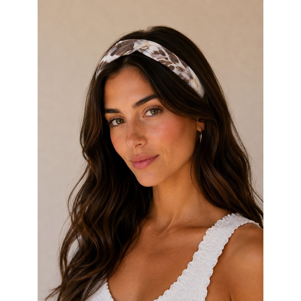 Brown Abstract Floral Twisted Knot Turban Headband Elastic Back Hair Accessory